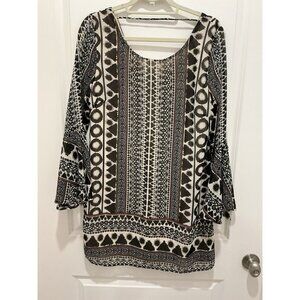 Fab'rik Dress Size Medium Aztec Shift Black Print Slit Bell Sleeve NWT